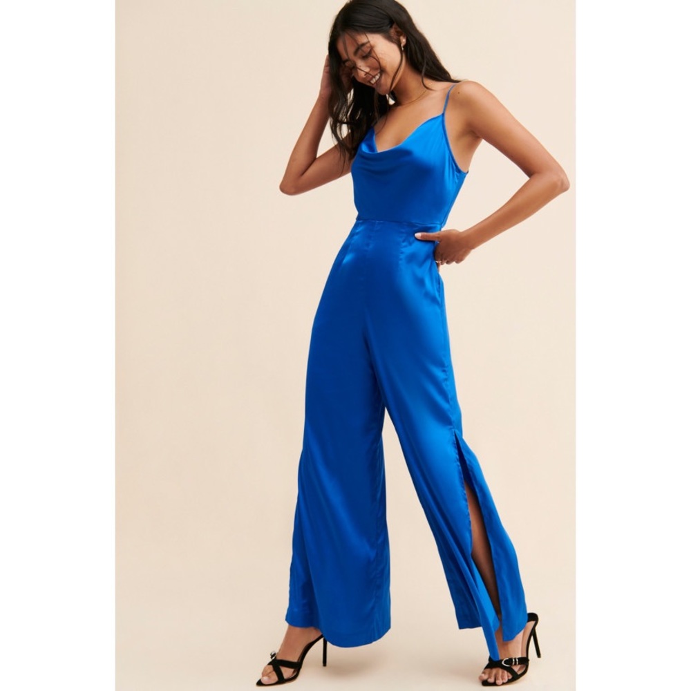 Satin Cowl Neck Wide-Leg Jumpsuit - Royal Blue